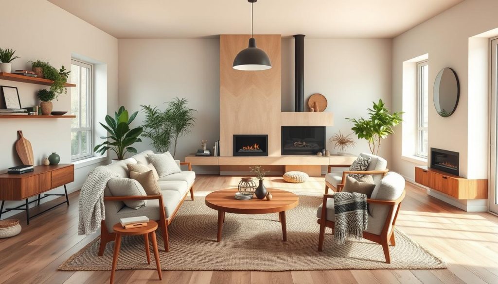 Skandinavischer Stil Wohnzimmer mit natürlichen Materialien